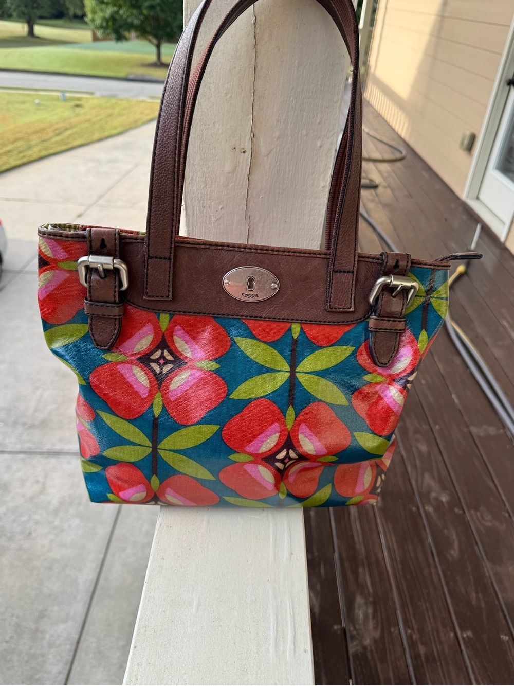 Fossil Blue Multicolor Geometric Floral Tote with Brown Trim